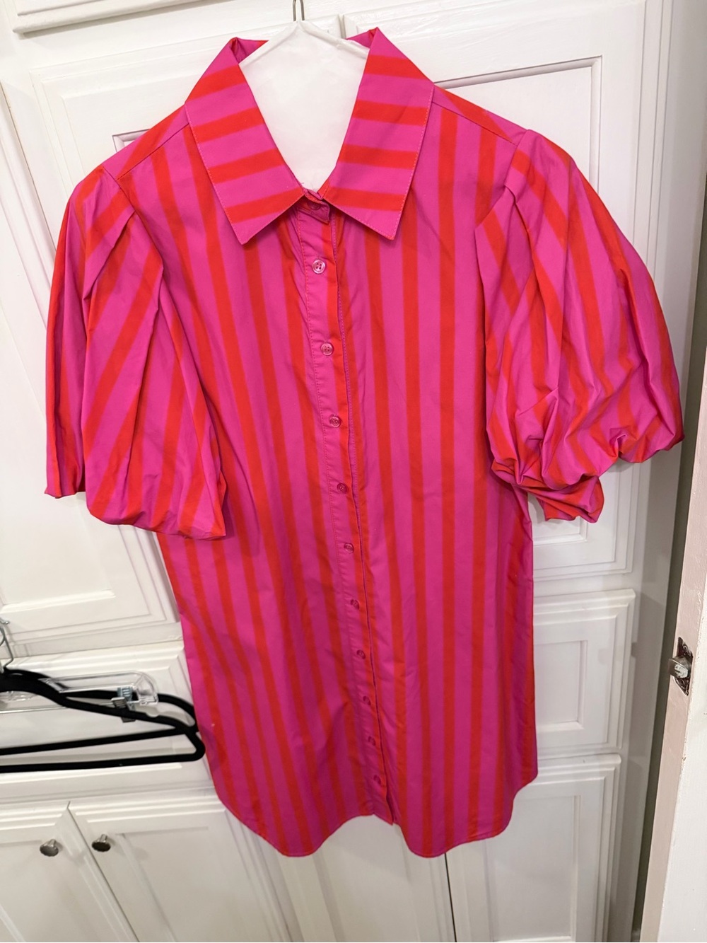 Dolce Cabo Pink and Red Striped Puff Sleeve Button-Down Shirt